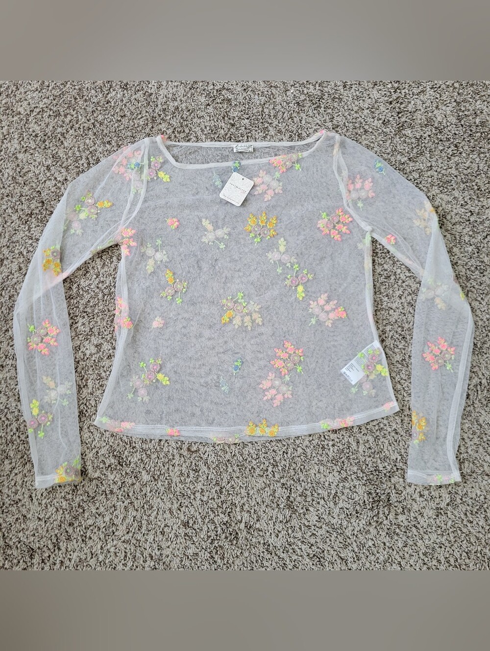Free People Intimately Sheer Mesh Shirt Top Floral Flower Boatneck Medium NWT